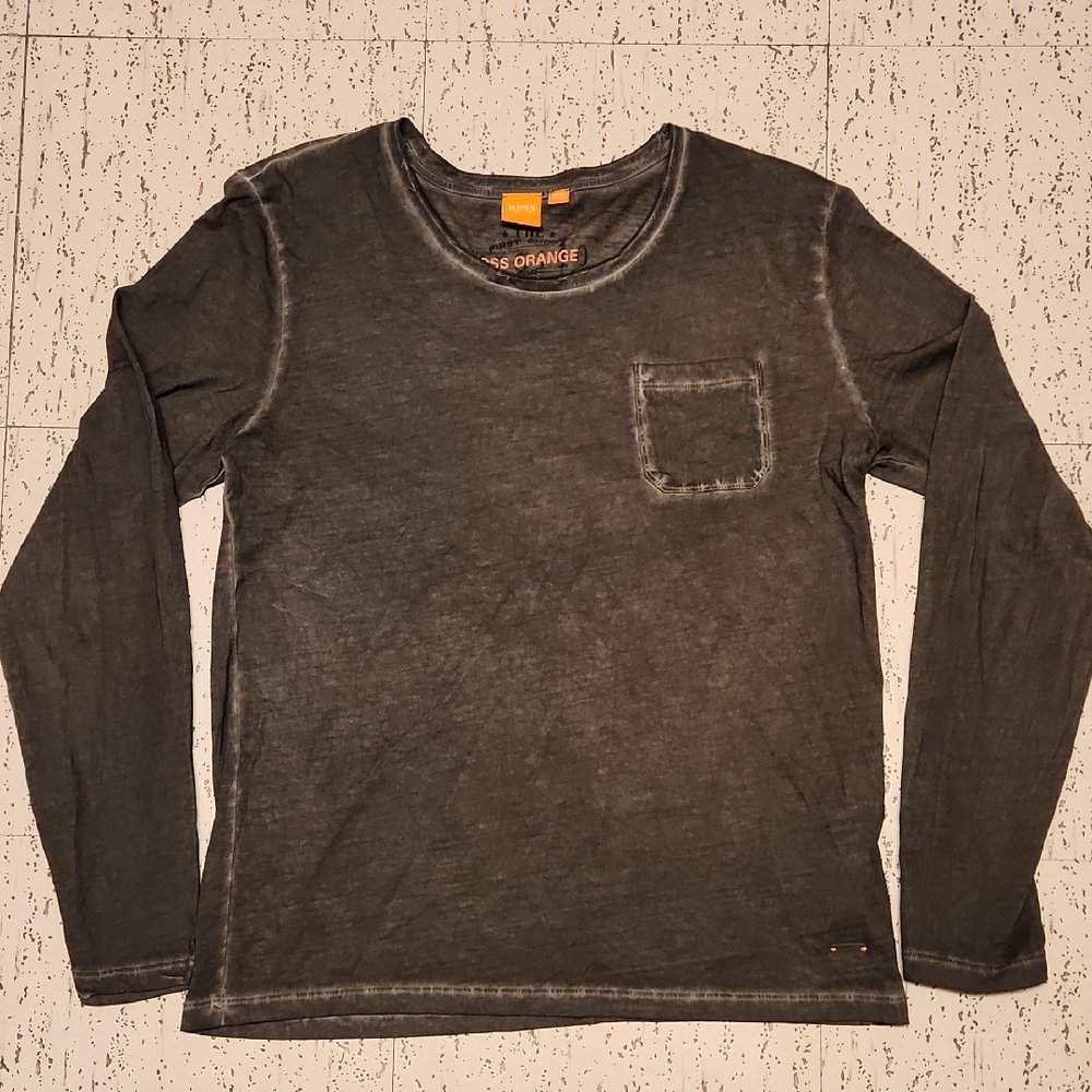 Hugo Boss Gray Washed Long Sleeve Tee with Pocket